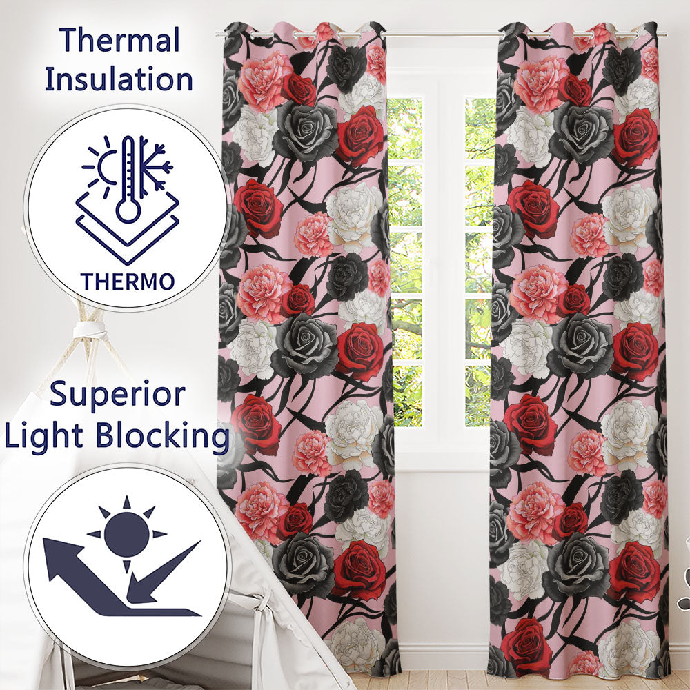 Elegant Rose Floral with Black Red and White Flowers on Soft Pink Background Readymade Eyelet Ring Top Thermal 100% Blackout Curtains