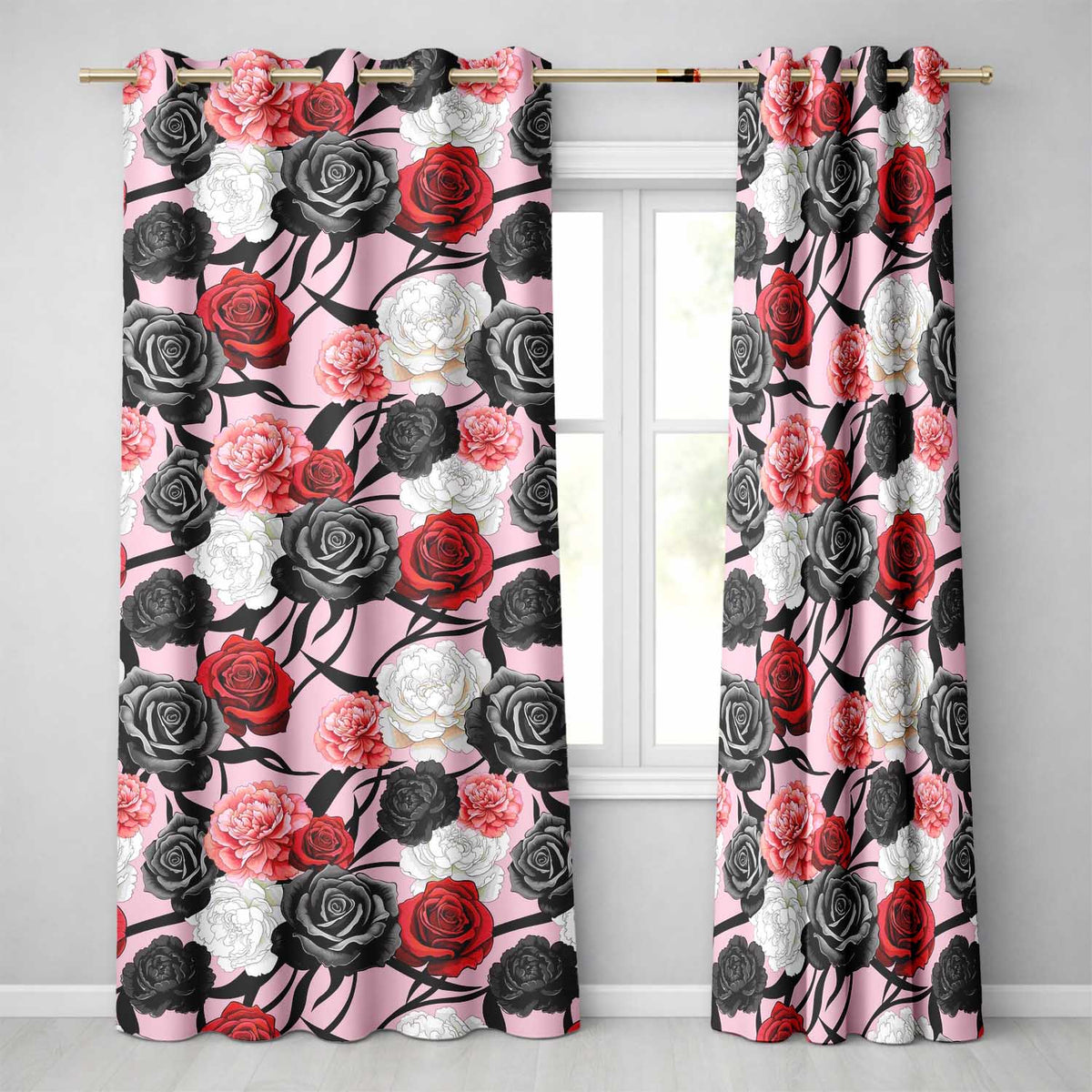 Elegant Rose Floral with Black Red and White Flowers on Soft Pink Background Readymade Eyelet Ring Top Thermal 100% Blackout Curtains