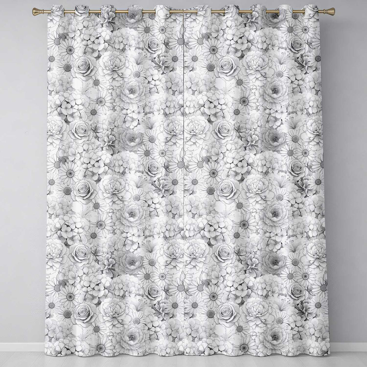 Elegant Monochrome Floral Bouquet Pattern with Roses Peonies and Daisies Readymade Eyelet Ring Top Thermal 100% Blackout Curtains