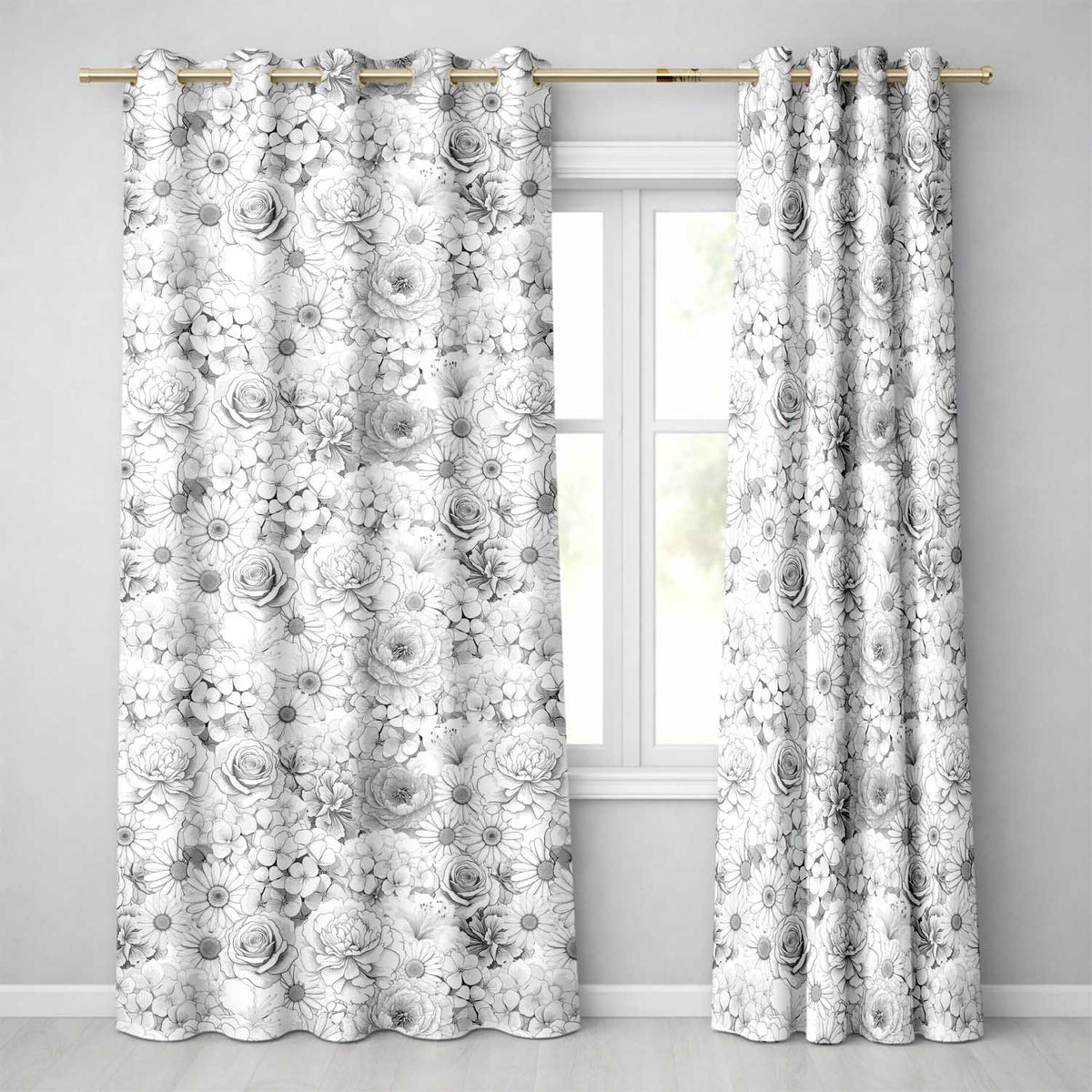 Elegant Monochrome Floral Bouquet Pattern with Roses Peonies and Daisies Readymade Eyelet Ring Top Thermal 100% Blackout Curtains