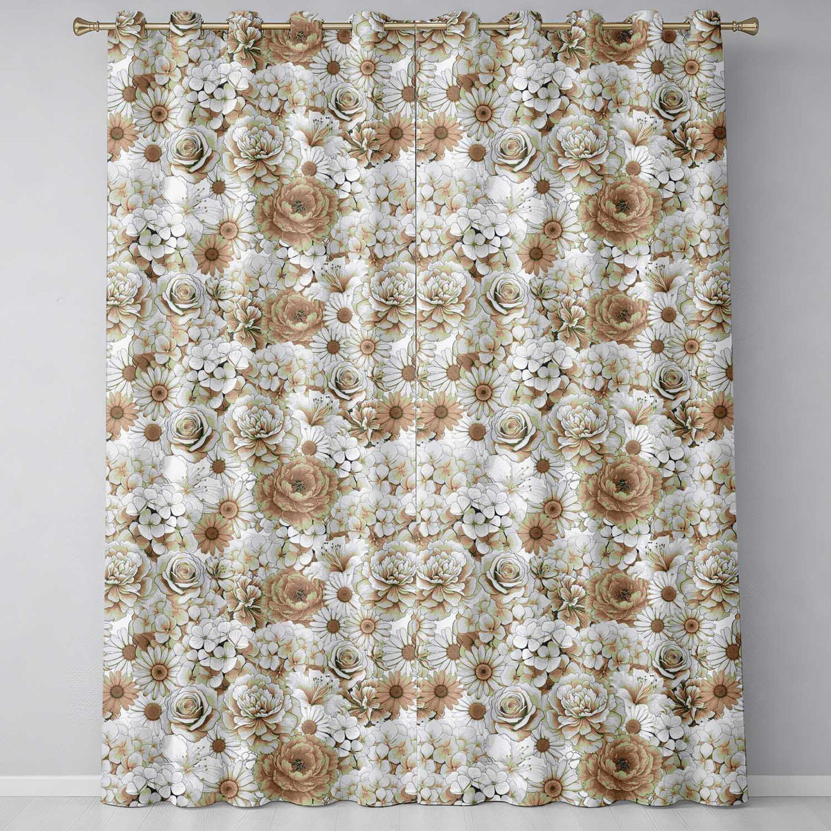 Vintage Sepia Floral Bouquet Seamless Pattern with Roses Peonies and Daisies Readymade Eyelet Ring Top Thermal 100% Blackout Curtains