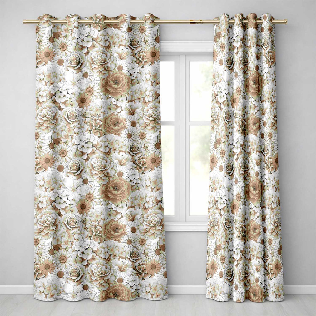 Vintage Sepia Floral Bouquet Seamless Pattern with Roses Peonies and Daisies Readymade Eyelet Ring Top Thermal 100% Blackout Curtains