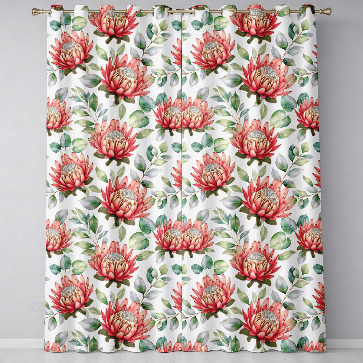 Coral Protea Flowers with Green Leaves Seamless Botanical Pattern Readymade Eyelet Ring Top Thermal 100% Blackout Curtains