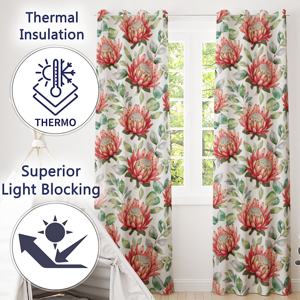 Coral Protea Flowers with Green Leaves Seamless Botanical Pattern Readymade Eyelet Ring Top Thermal 100% Blackout Curtains