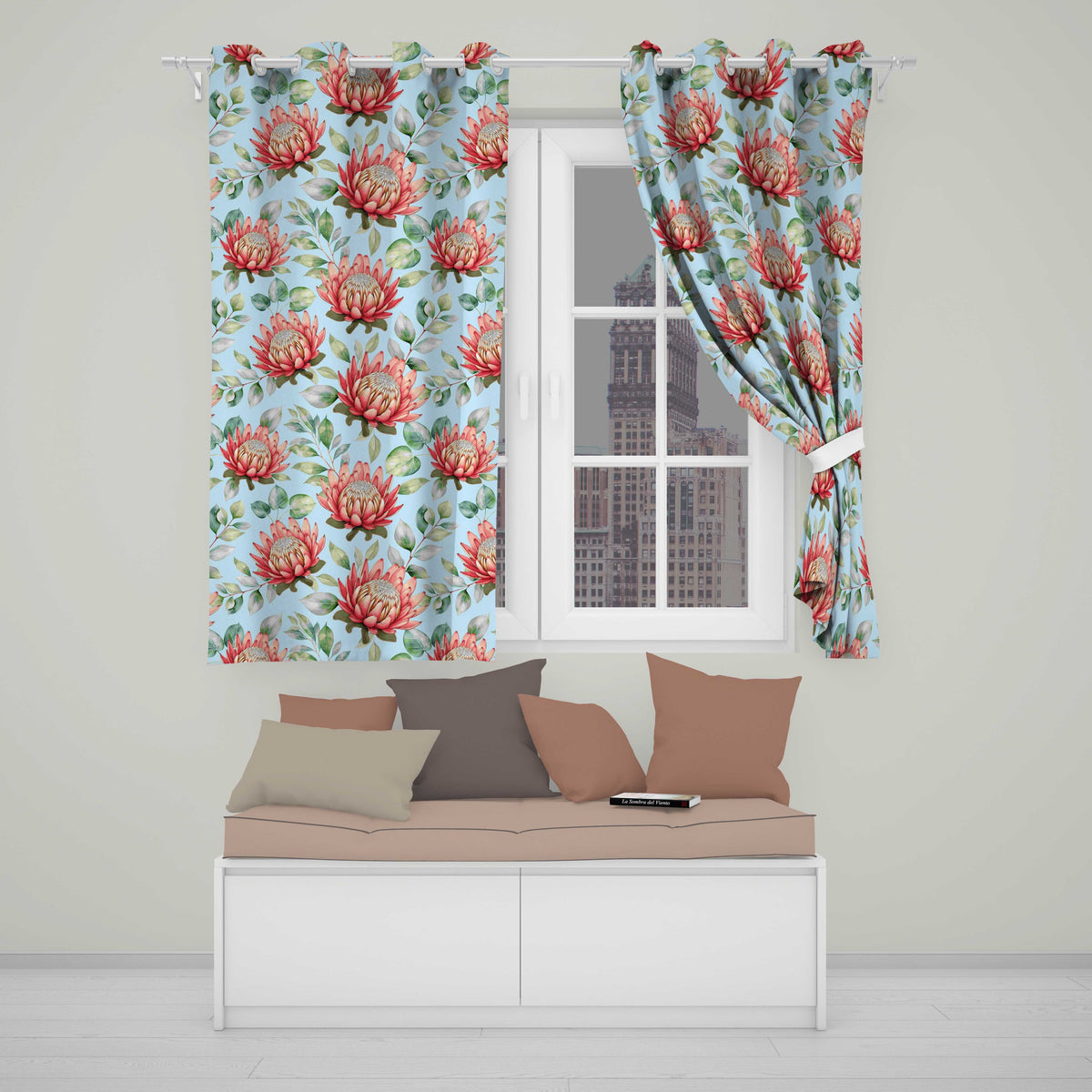 Coral Protea Flowers on Sky Blue Background Seamless Botanical Pattern Readymade Eyelet Ring Top Thermal 100% Blackout Curtains