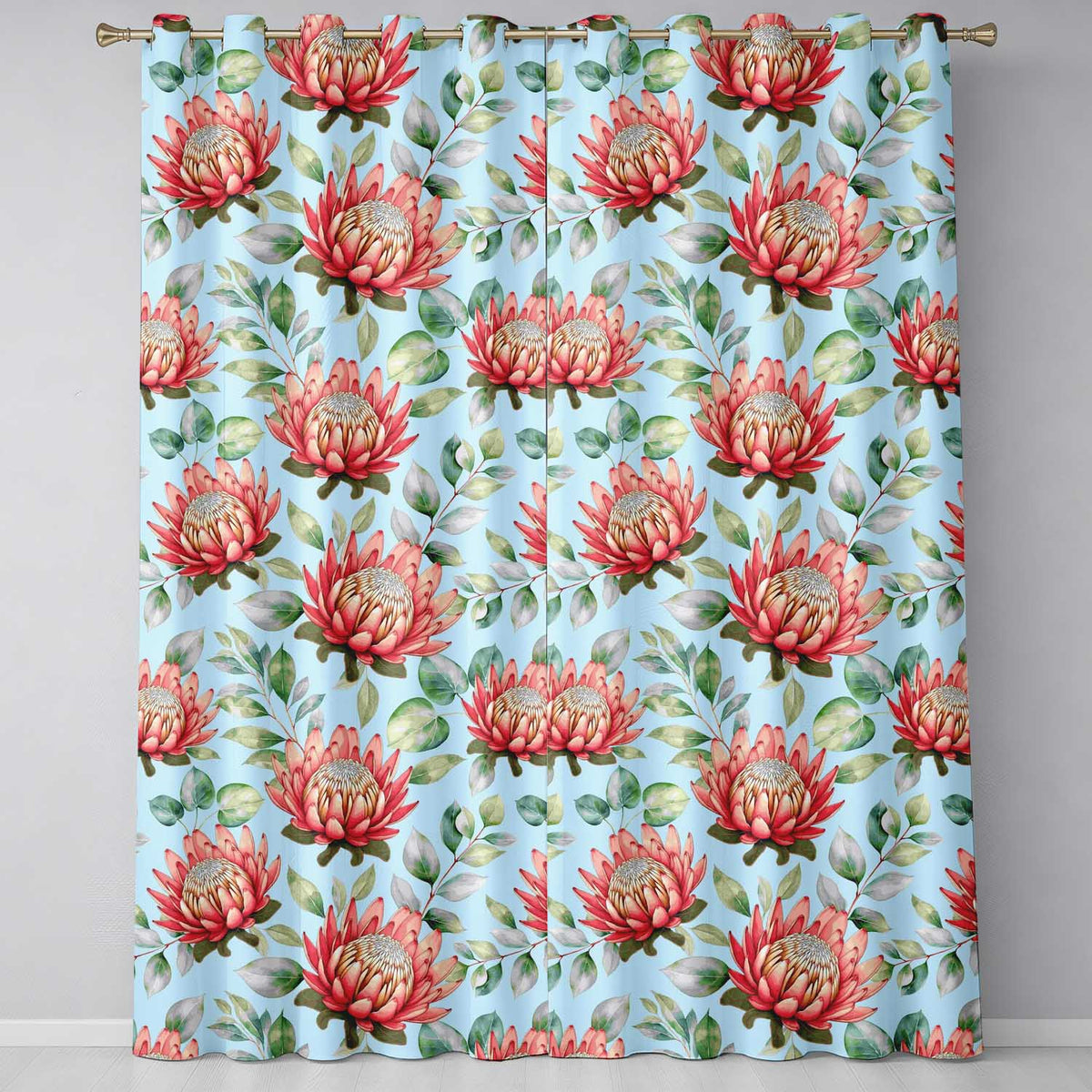 Coral Protea Flowers on Sky Blue Background Seamless Botanical Pattern Readymade Eyelet Ring Top Thermal 100% Blackout Curtains