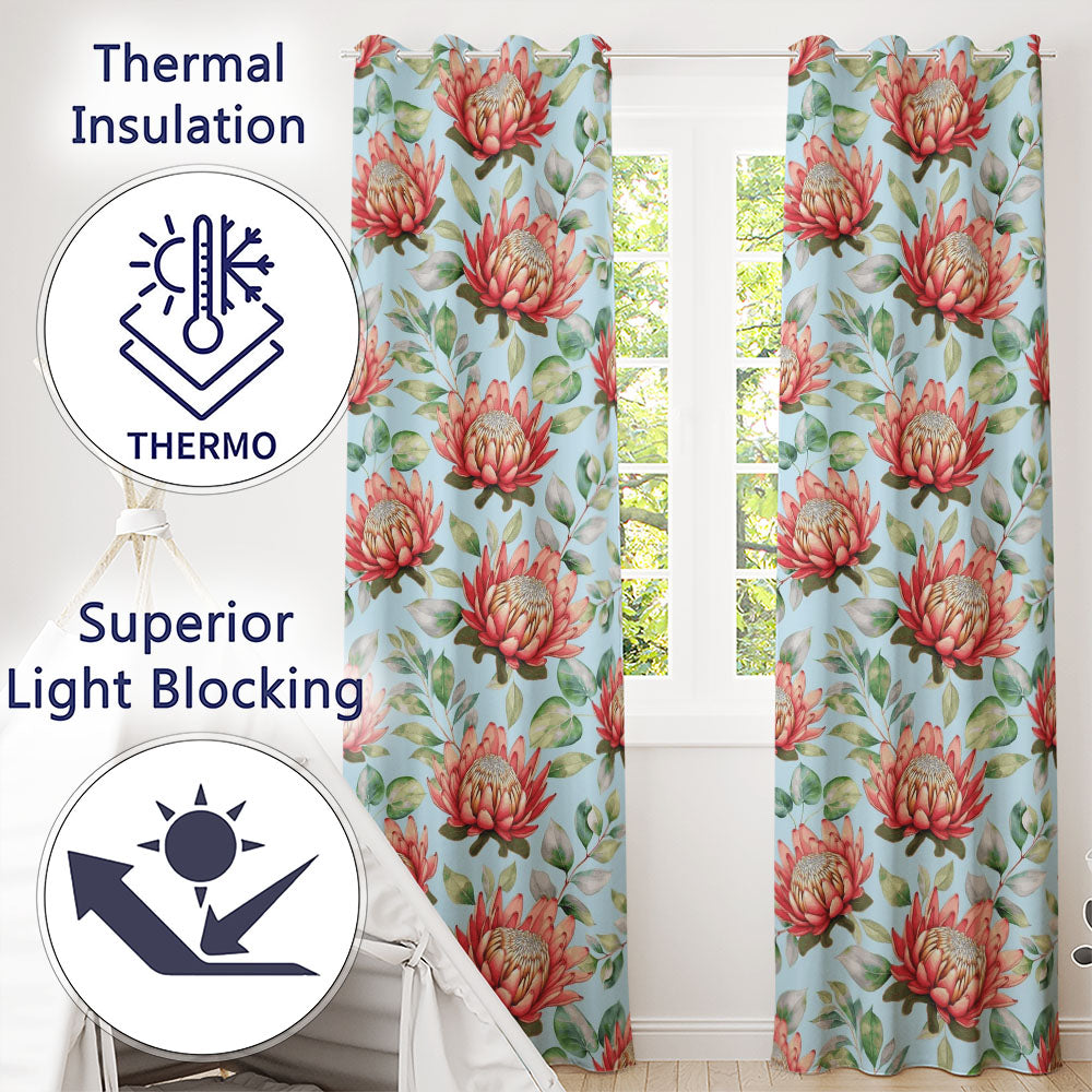 Coral Protea Flowers on Sky Blue Background Seamless Botanical Pattern Readymade Eyelet Ring Top Thermal 100% Blackout Curtains