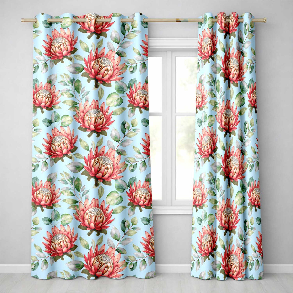 Coral Protea Flowers on Sky Blue Background Seamless Botanical Pattern Readymade Eyelet Ring Top Thermal 100% Blackout Curtains