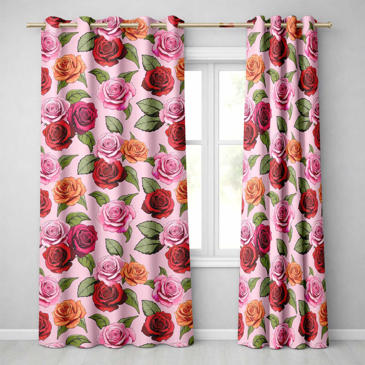 Colorful Roses on Soft Rose Background Seamless Floral Pattern Readymade Eyelet Ring Top Thermal 100% Blackout Curtains