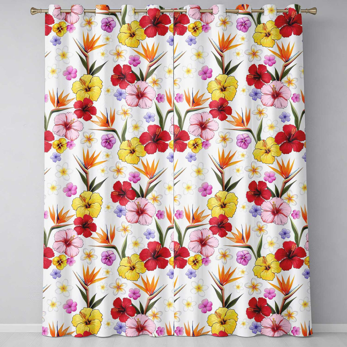 Tropical Hibiscus and Bird of Paradise Floral Seamless Pattern Readymade Eyelet Ring Top Thermal 100% Blackout Curtains