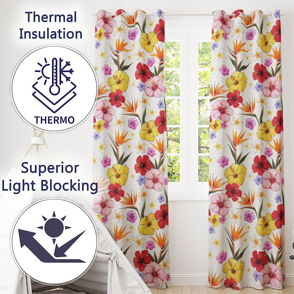 Tropical Hibiscus and Bird of Paradise Floral Seamless Pattern Readymade Eyelet Ring Top Thermal 100% Blackout Curtains
