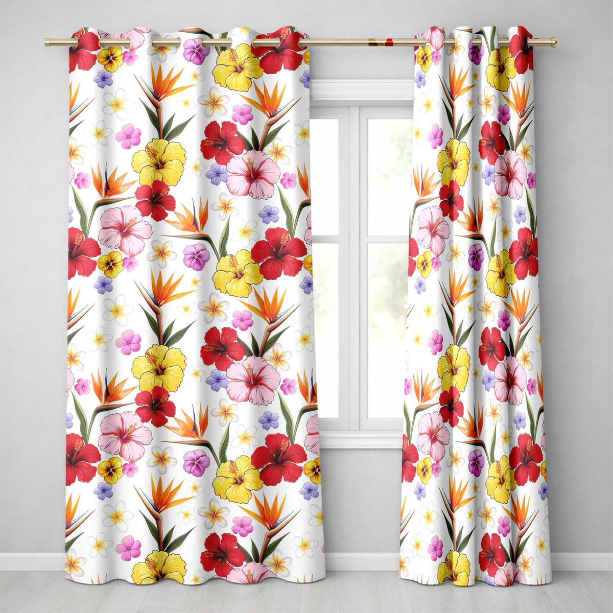 Tropical Hibiscus and Bird of Paradise Floral Seamless Pattern Readymade Eyelet Ring Top Thermal 100% Blackout Curtains