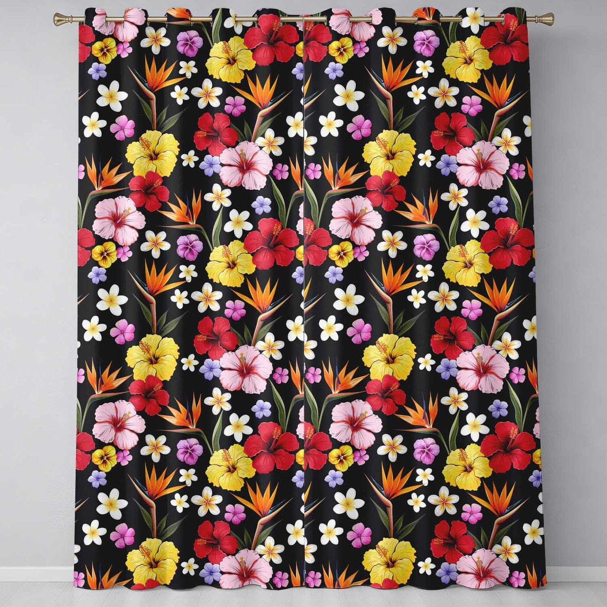 Tropical Hibiscus Bird of Paradise Seamless Pattern Black Background Readymade Eyelet Ring Top Thermal 100% Blackout Curtains