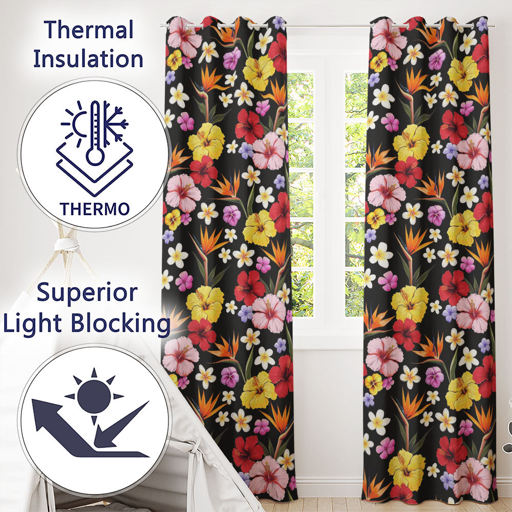 Tropical Hibiscus Bird of Paradise Seamless Pattern Black Background Readymade Eyelet Ring Top Thermal 100% Blackout Curtains