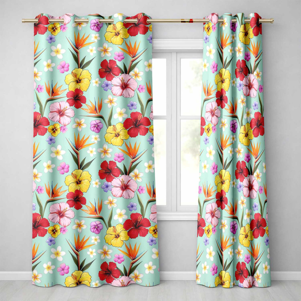 Tropical Hibiscus Bird of Paradise Seamless Pattern Teal Background Readymade Eyelet Ring Top Thermal 100% Blackout Curtains