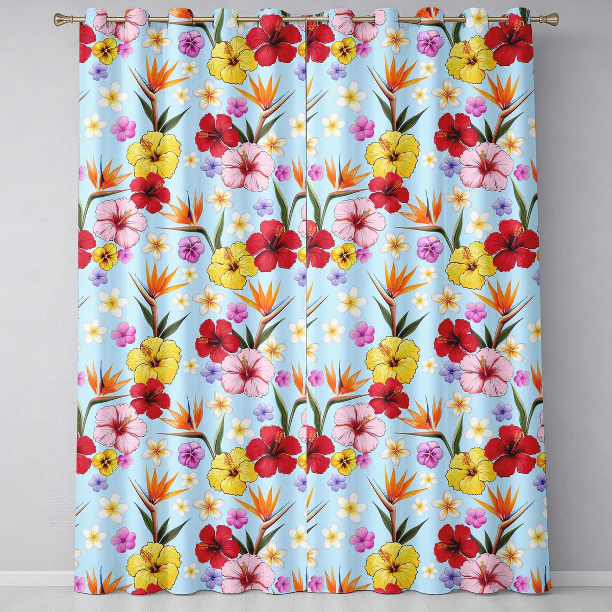 Tropical Hibiscus Bird of Paradise Seamless Pattern Blue Background Readymade Eyelet Ring Top Thermal 100% Blackout Curtains