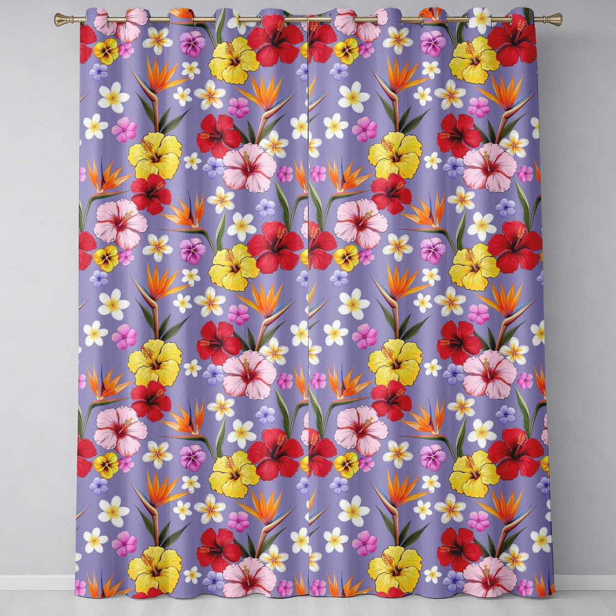 Tropical Hibiscus Bird of Paradise Seamless Pattern Purple Background Readymade Eyelet Ring Top Thermal 100% Blackout Curtains