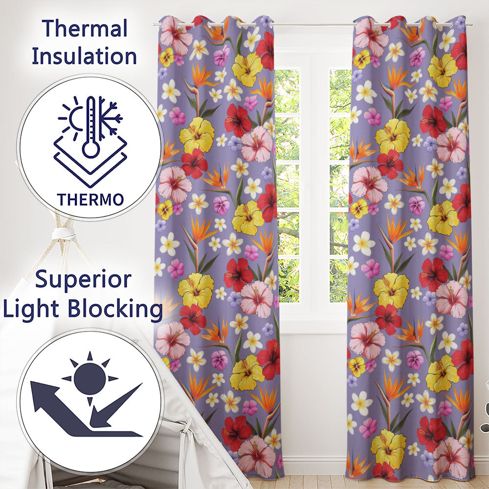 Tropical Hibiscus Bird of Paradise Seamless Pattern Purple Background Readymade Eyelet Ring Top Thermal 100% Blackout Curtains