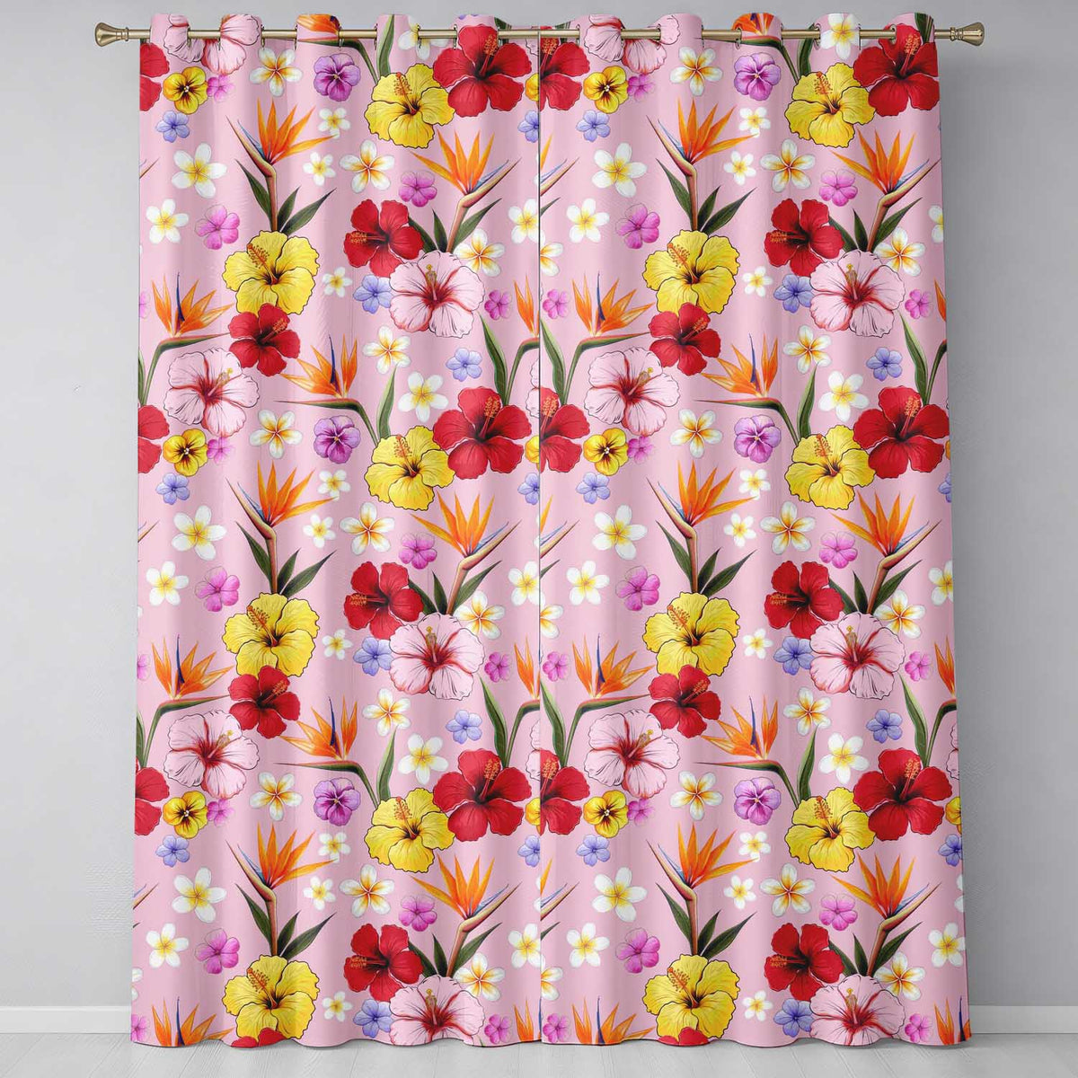 Tropical Hibiscus Bird of Paradise Seamless Pattern Blush Background Readymade Eyelet Ring Top Thermal 100% Blackout Curtains
