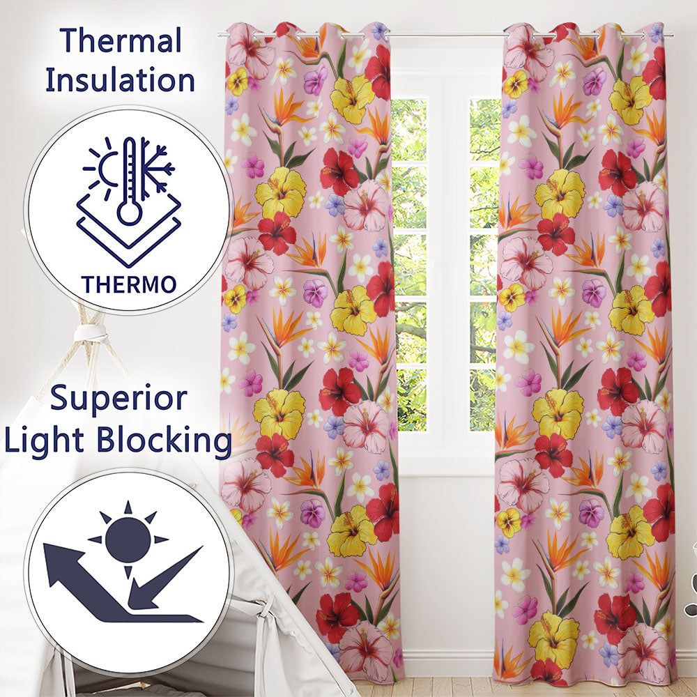 Tropical Hibiscus Bird of Paradise Seamless Pattern Blush Background Readymade Eyelet Ring Top Thermal 100% Blackout Curtains