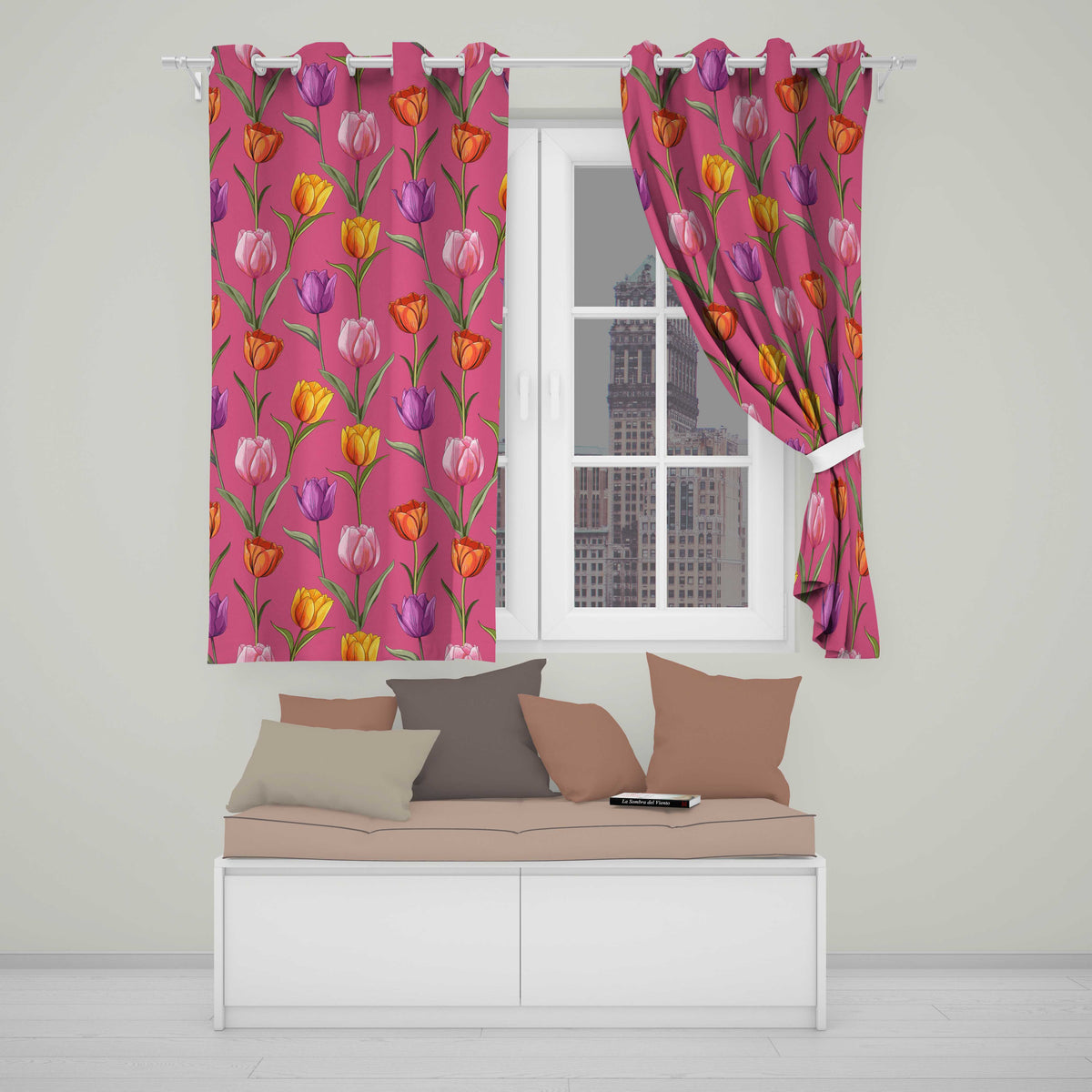 Elegant Tulip Floral Seamless Pattern Bright Pink Background Spring Flowers Readymade Eyelet Ring Top Thermal 100% Blackout Curtains