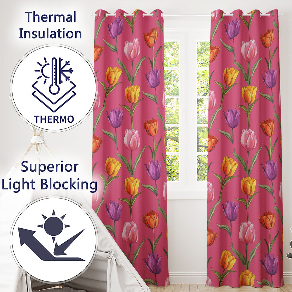 Elegant Tulip Floral Seamless Pattern Bright Pink Background Spring Flowers Readymade Eyelet Ring Top Thermal 100% Blackout Curtains