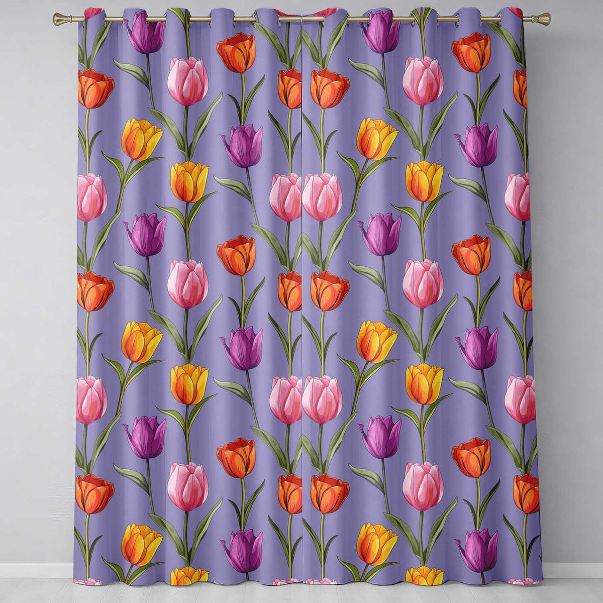 Elegant Tulip Floral Seamless Pattern Purple Background Spring Flowers Readymade Eyelet Ring Top Thermal 100% Blackout Curtains