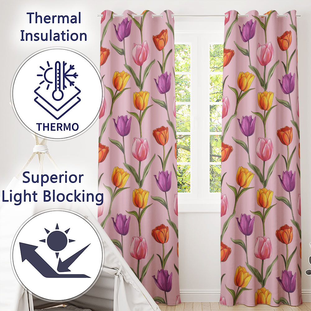 Elegant Tulip Floral Seamless Pattern Soft Pink Background Spring Flowers Readymade Eyelet Ring Top Thermal 100% Blackout Curtains