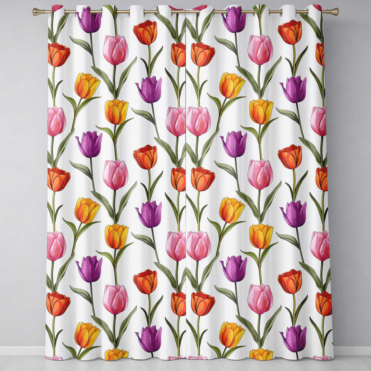 Elegant Tulip Floral Seamless Pattern Light Grey Background Spring Flowers Readymade Eyelet Ring Top Thermal 100% Blackout Curtains