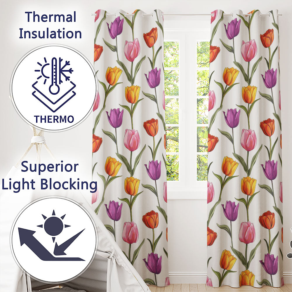 Elegant Tulip Floral Seamless Pattern Light Grey Background Spring Flowers Readymade Eyelet Ring Top Thermal 100% Blackout Curtains