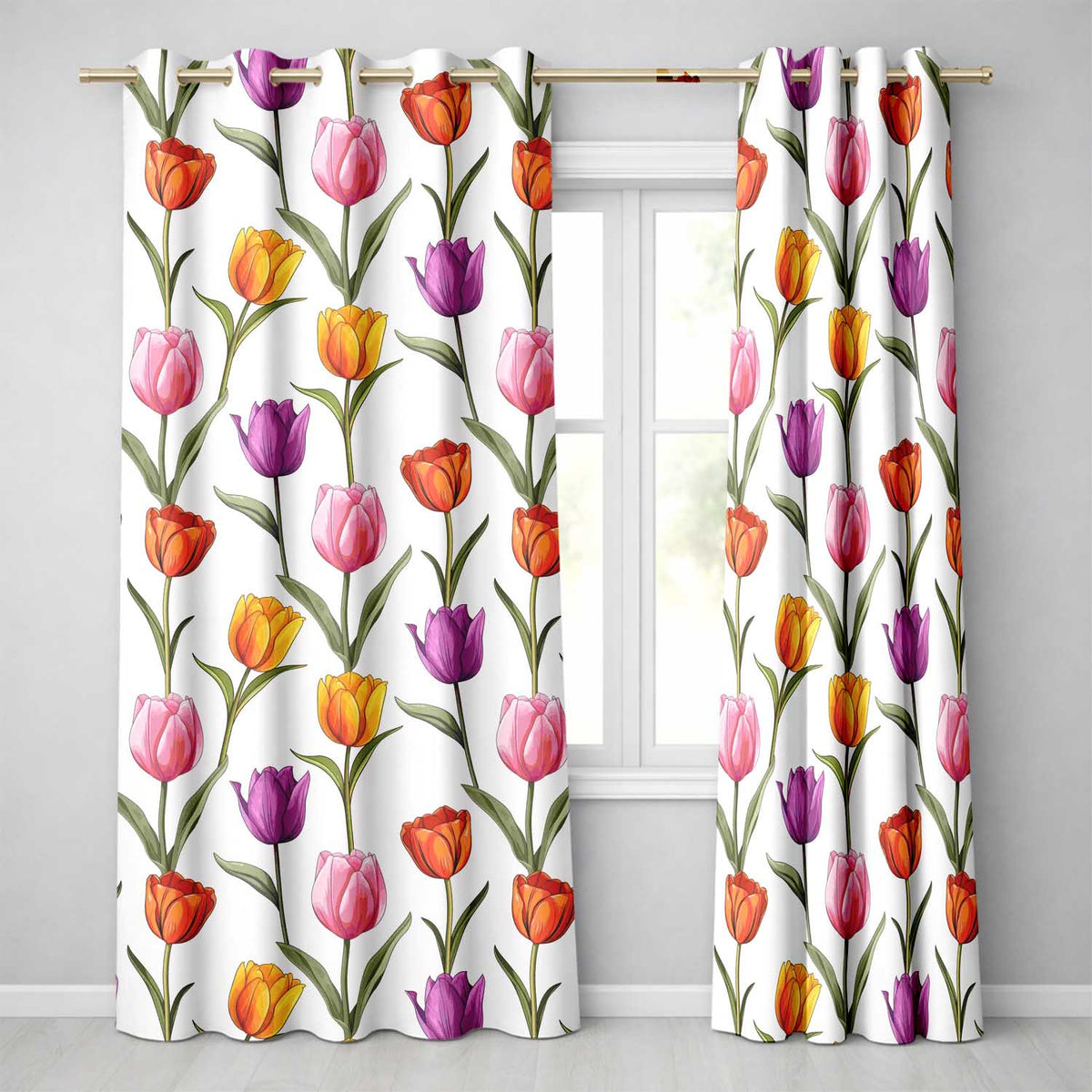 Elegant Tulip Floral Seamless Pattern Light Grey Background Spring Flowers Readymade Eyelet Ring Top Thermal 100% Blackout Curtains