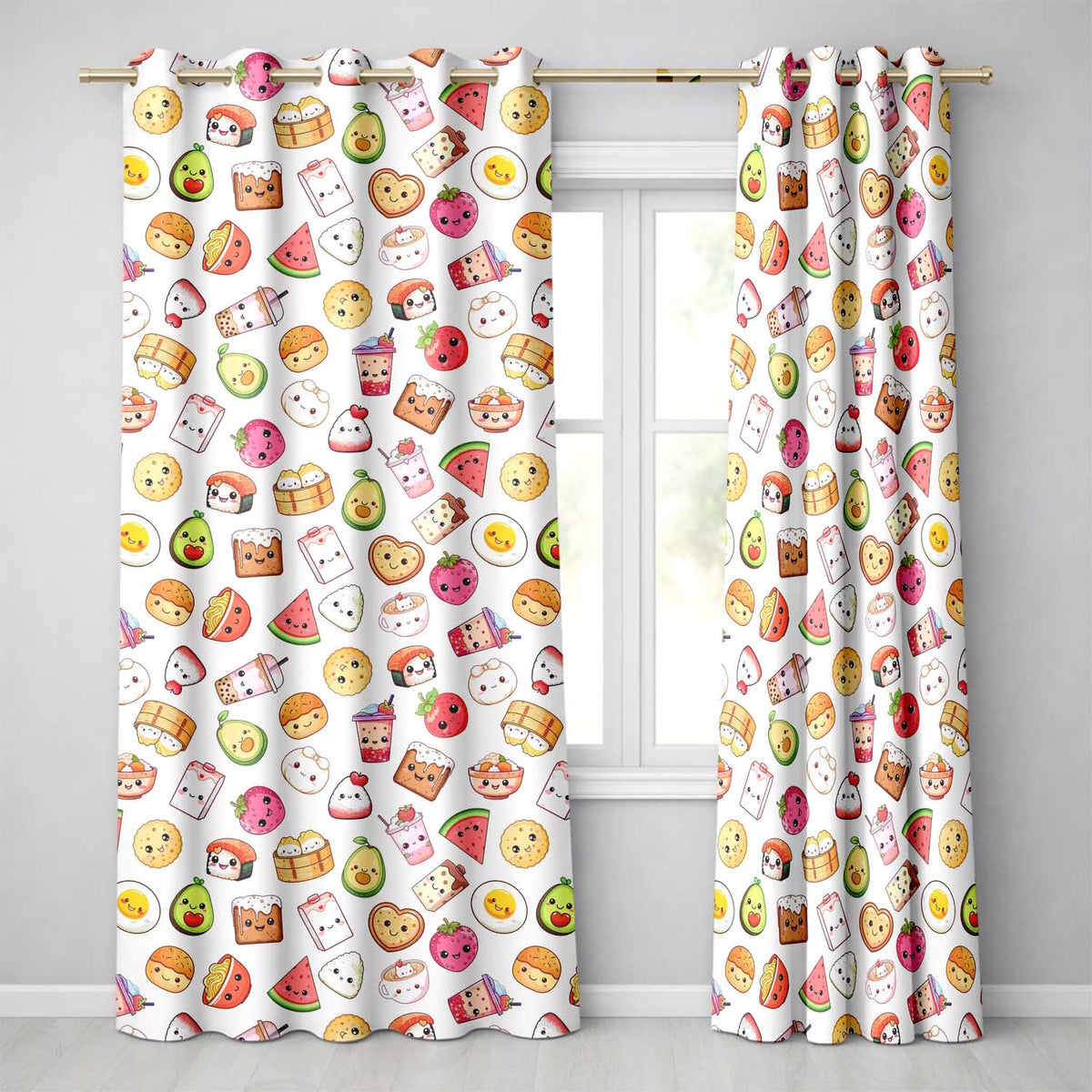Cute Kawaii Food Characters Seamless Pattern Neutral Background Fun Snacks Readymade Eyelet Ring Top Thermal 100% Blackout Curtains