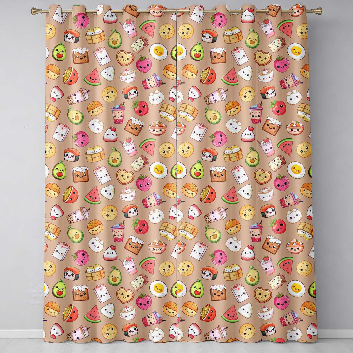 Cute Kawaii Food Characters Seamless Pattern Peach Background Fun Snacks Readymade Eyelet Ring Top Thermal 100% Blackout Curtains