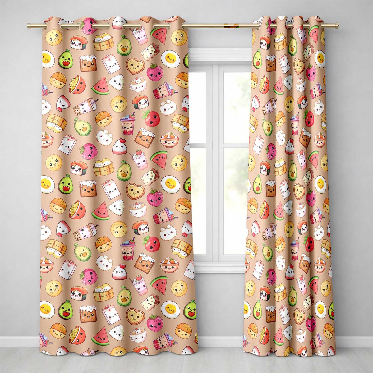 Cute Kawaii Food Characters Seamless Pattern Peach Background Fun Snacks Readymade Eyelet Ring Top Thermal 100% Blackout Curtains