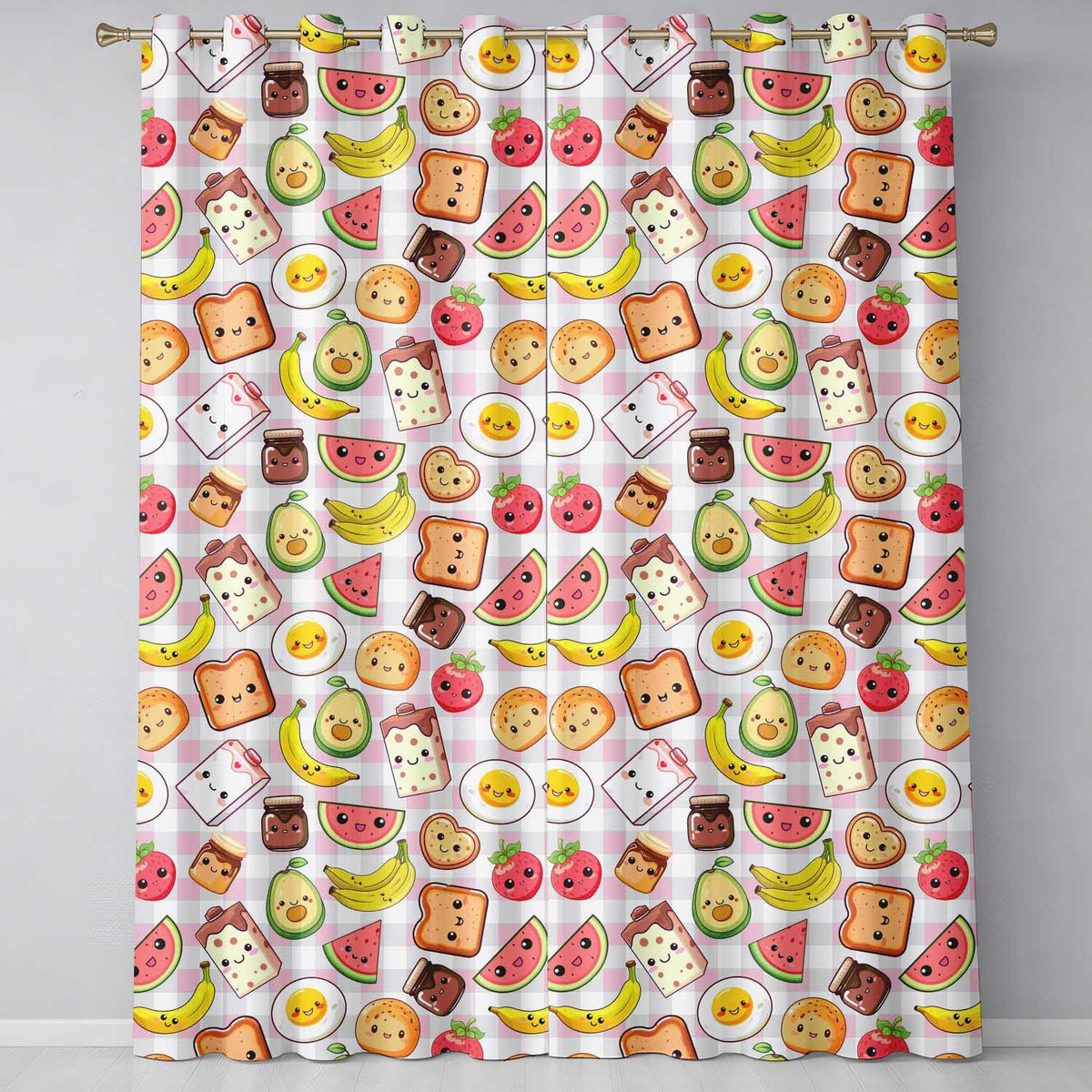 Cute Kawaii Breakfast Food Seamless Pattern Pink Gingham Background Readymade Eyelet Ring Top Thermal 100% Blackout Curtains