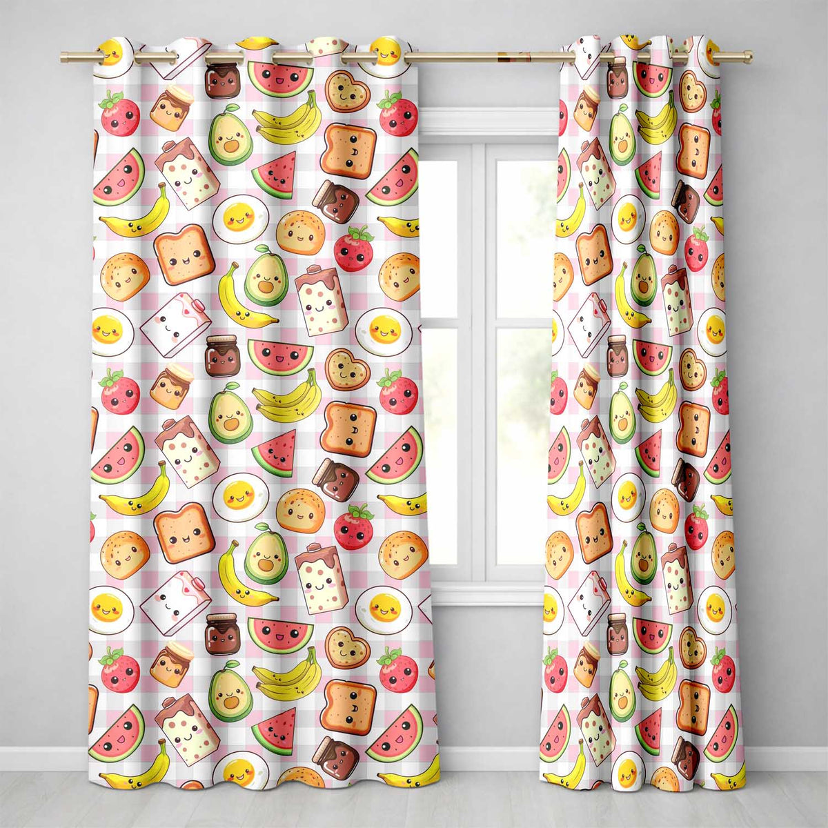 Cute Kawaii Breakfast Food Seamless Pattern Pink Gingham Background Readymade Eyelet Ring Top Thermal 100% Blackout Curtains