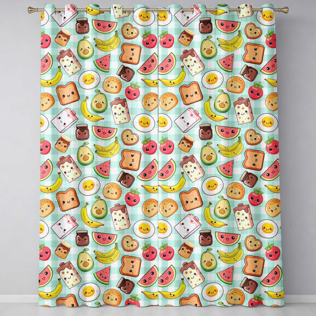 Cute Kawaii Breakfast Food Seamless Pattern Teal Gingham Background Readymade Eyelet Ring Top Thermal 100% Blackout Curtains