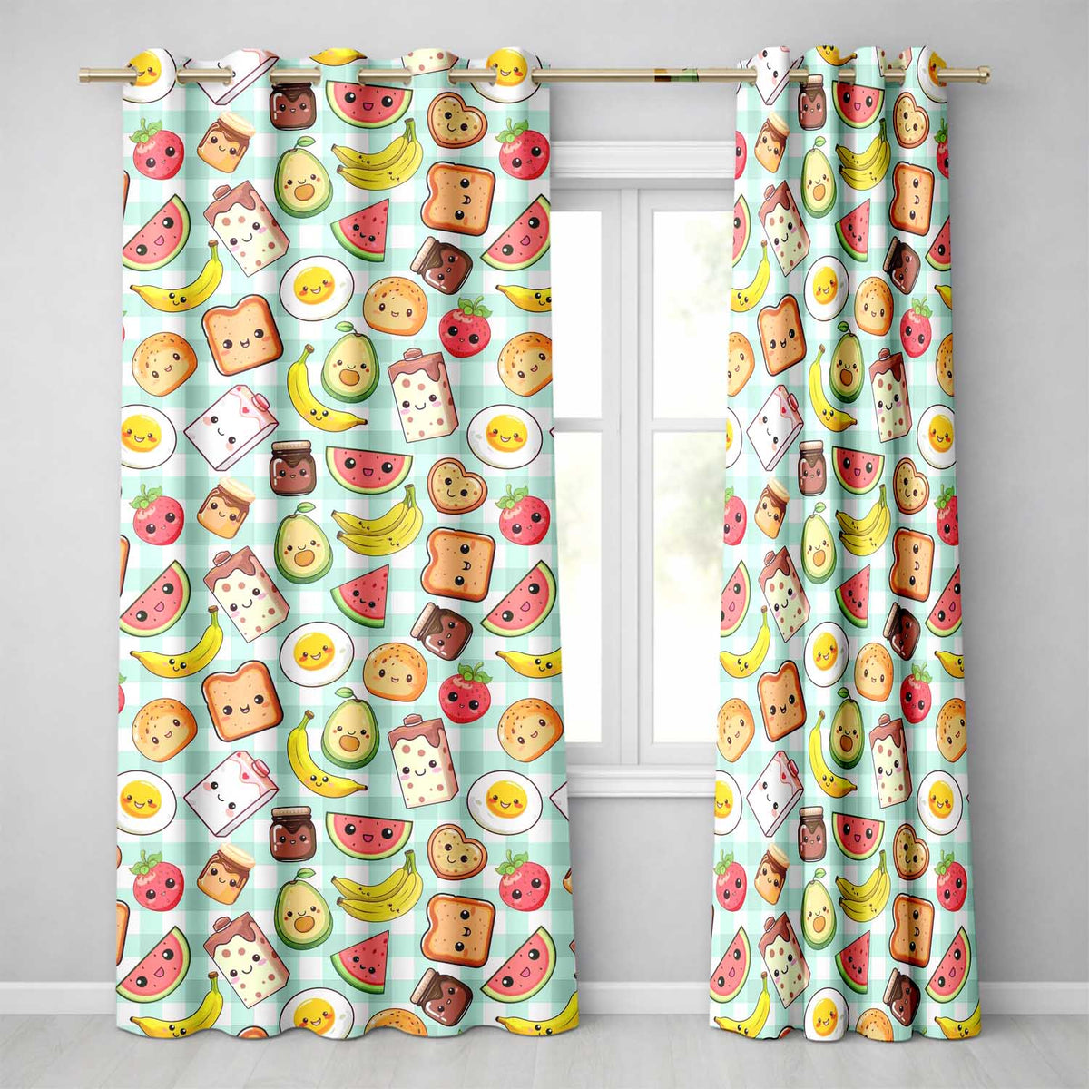 Cute Kawaii Breakfast Food Seamless Pattern Teal Gingham Background Readymade Eyelet Ring Top Thermal 100% Blackout Curtains
