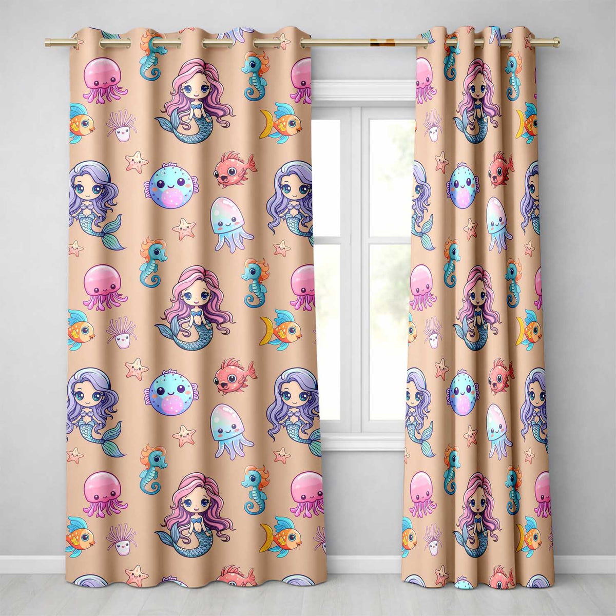 Cute Kawaii Mermaid Seahorse Jellyfish and Starfish Peach Background Pattern Readymade Eyelet Ring Top Thermal 100% Blackout Curtains