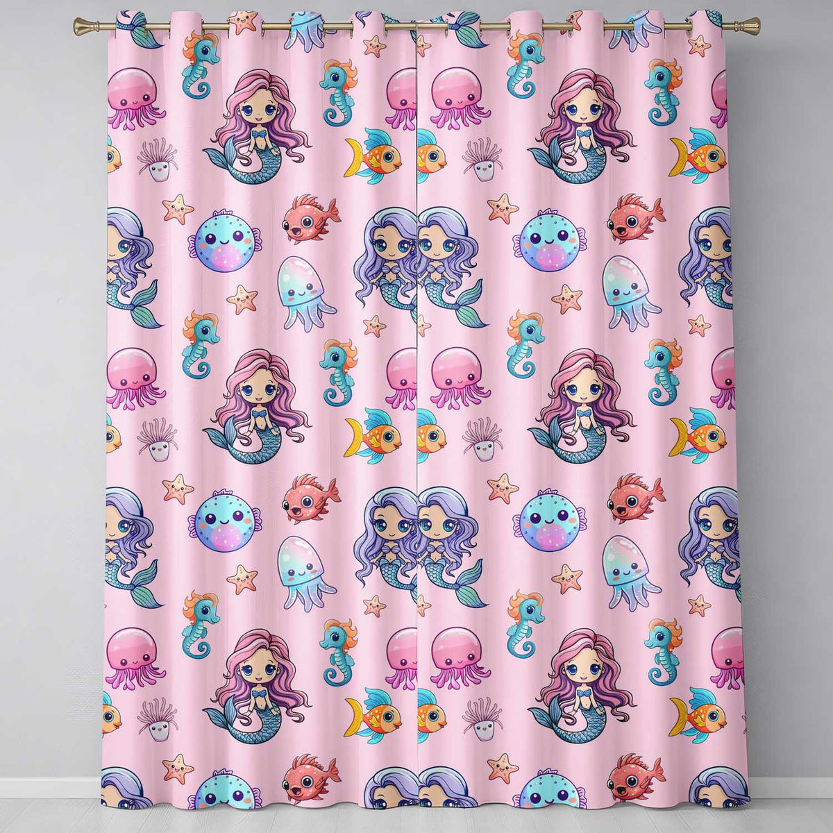 Cute Kawaii Mermaid Seahorse Jellyfish and Starfish Light Pink Background Readymade Eyelet Ring Top Thermal 100% Blackout Curtains