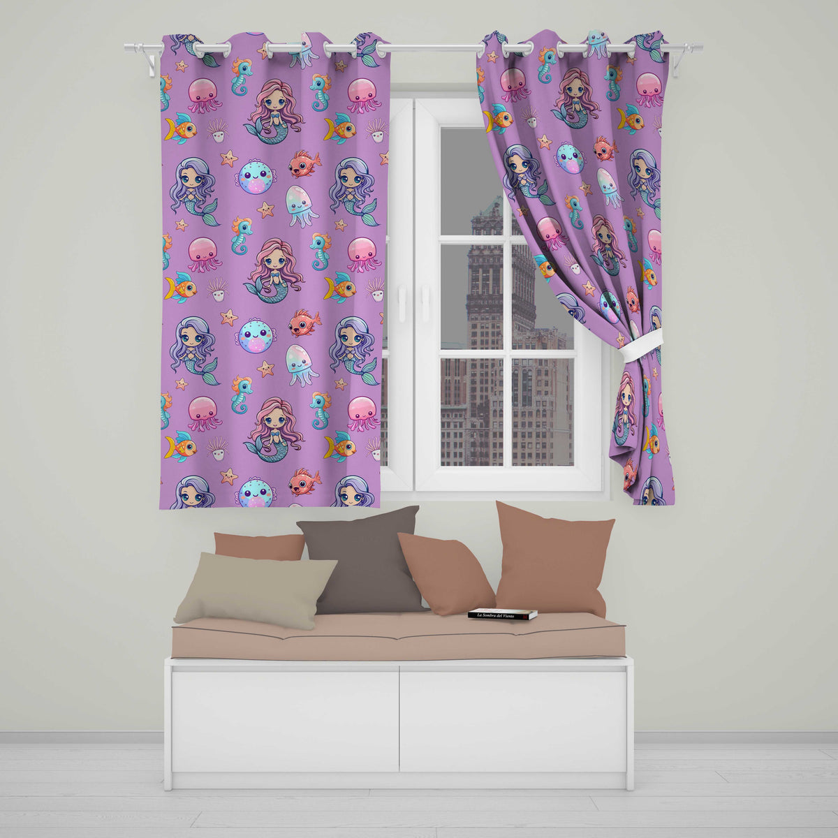 Cute Kawaii Mermaid Seahorse Jellyfish and Starfish Purple Background Pattern Readymade Eyelet Ring Top Thermal 100% Blackout Curtains