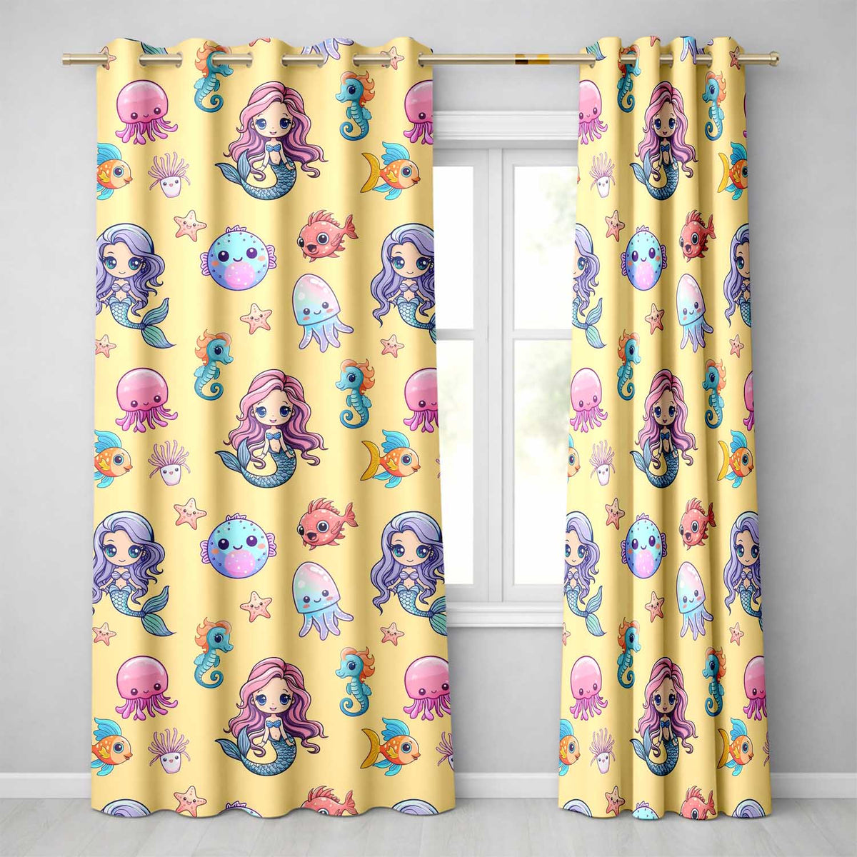 Cute Kawaii Mermaid Seahorse Jellyfish and Starfish Soft Yellow Background Readymade Eyelet Ring Top Thermal 100% Blackout Curtains