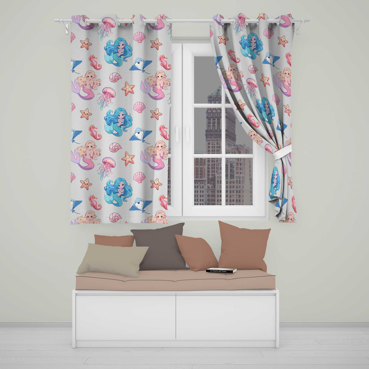 Cute Blue Hair Mermaid Jellyfish Seahorse and Ocean Creatures Seamless Pattern Readymade Eyelet Ring Top Thermal 100% Blackout Curtains
