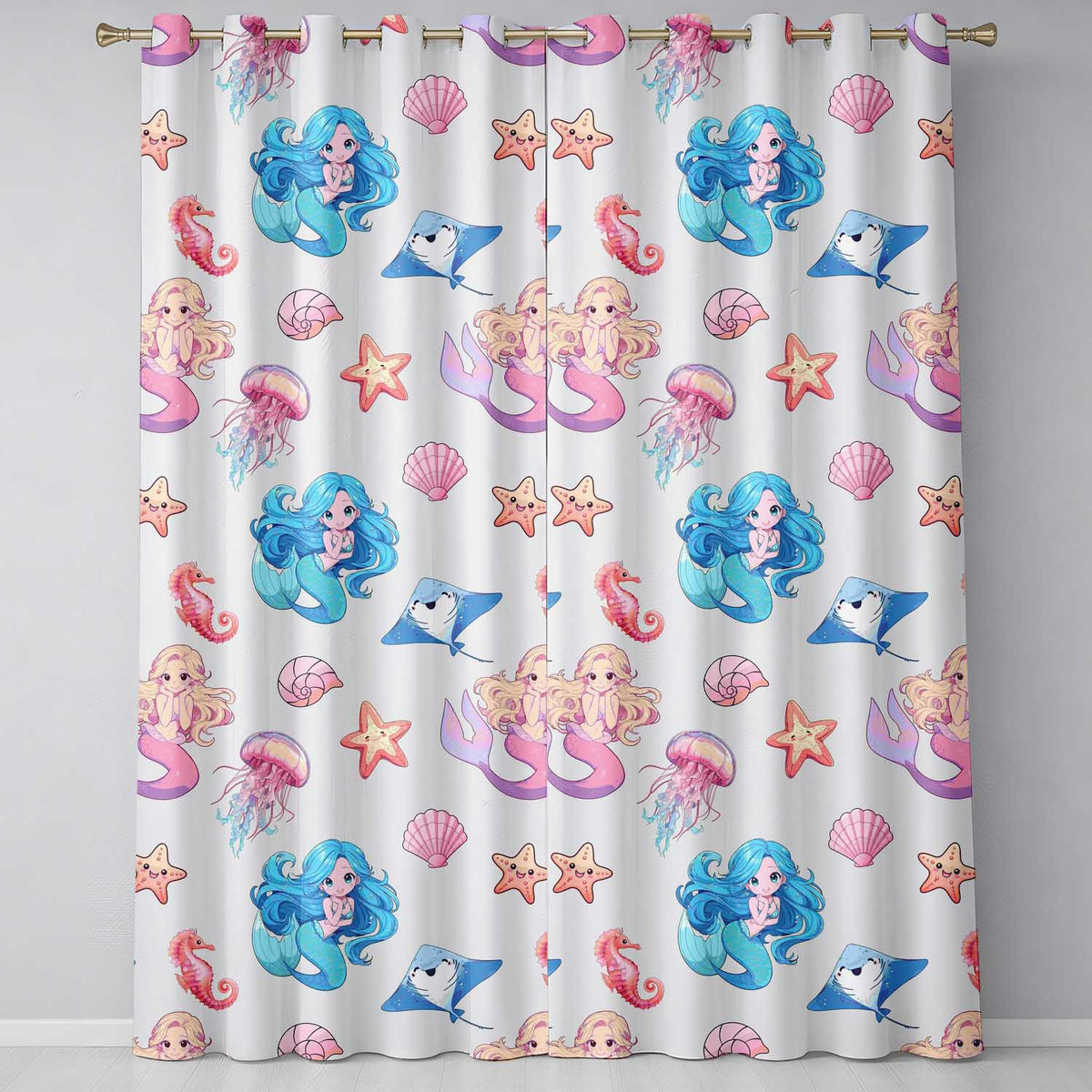 Cute Blue Hair Mermaid Jellyfish Seahorse and Ocean Creatures Seamless Pattern Readymade Eyelet Ring Top Thermal 100% Blackout Curtains