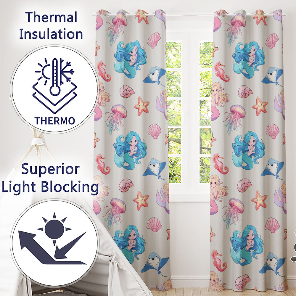 Cute Blue Hair Mermaid Jellyfish Seahorse and Ocean Creatures Seamless Pattern Readymade Eyelet Ring Top Thermal 100% Blackout Curtains