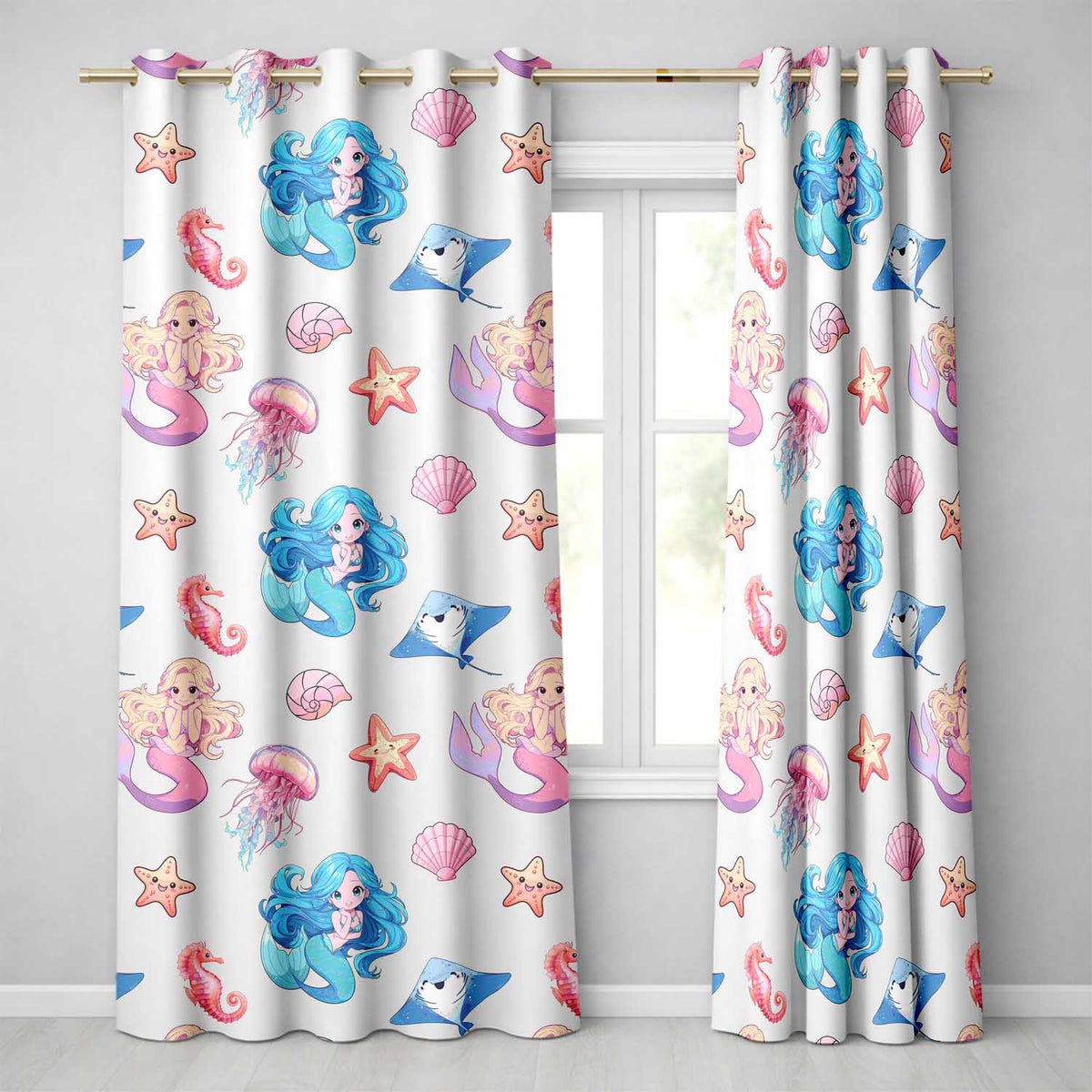 Cute Blue Hair Mermaid Jellyfish Seahorse and Ocean Creatures Seamless Pattern Readymade Eyelet Ring Top Thermal 100% Blackout Curtains