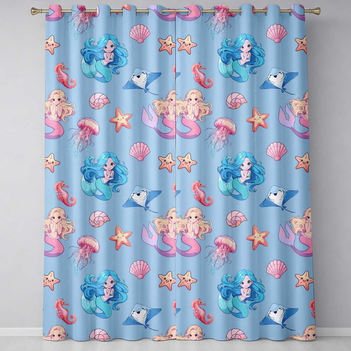 Cute Blue Hair Mermaid Jellyfish Seahorse Light Blue Background Pattern Readymade Eyelet Ring Top Thermal 100% Blackout Curtains