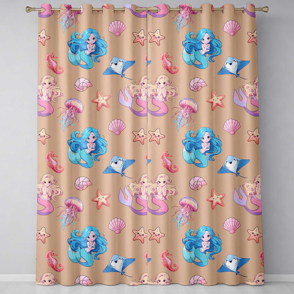 Cute Blue Hair Mermaid Jellyfish Seahorse Peach Background Seamless Pattern Readymade Eyelet Ring Top Thermal 100% Blackout Curtains