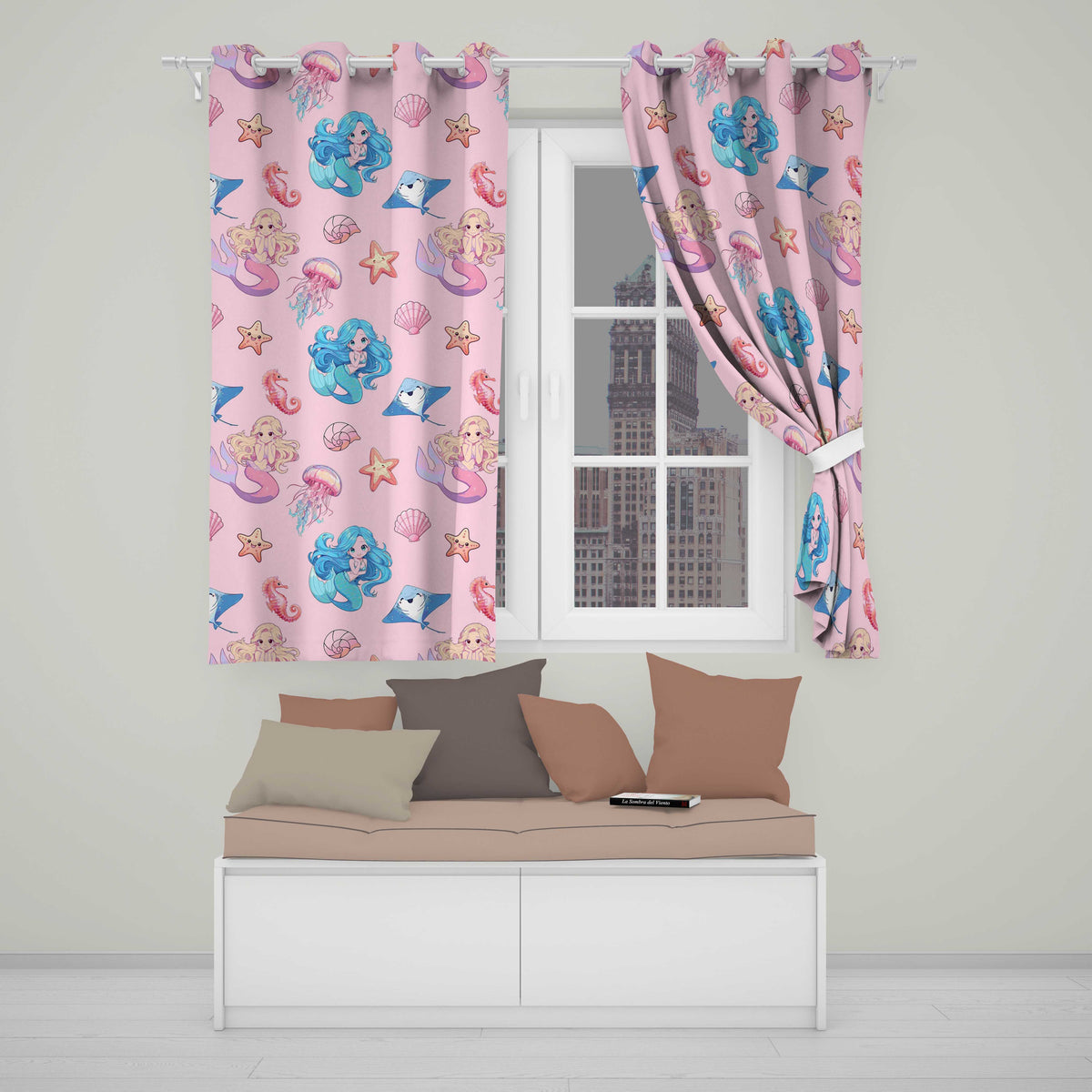 Cute Blue Hair Mermaid Jellyfish Seahorse Soft Pink Background Seamless Pattern Readymade Eyelet Ring Top Thermal 100% Blackout Curtains