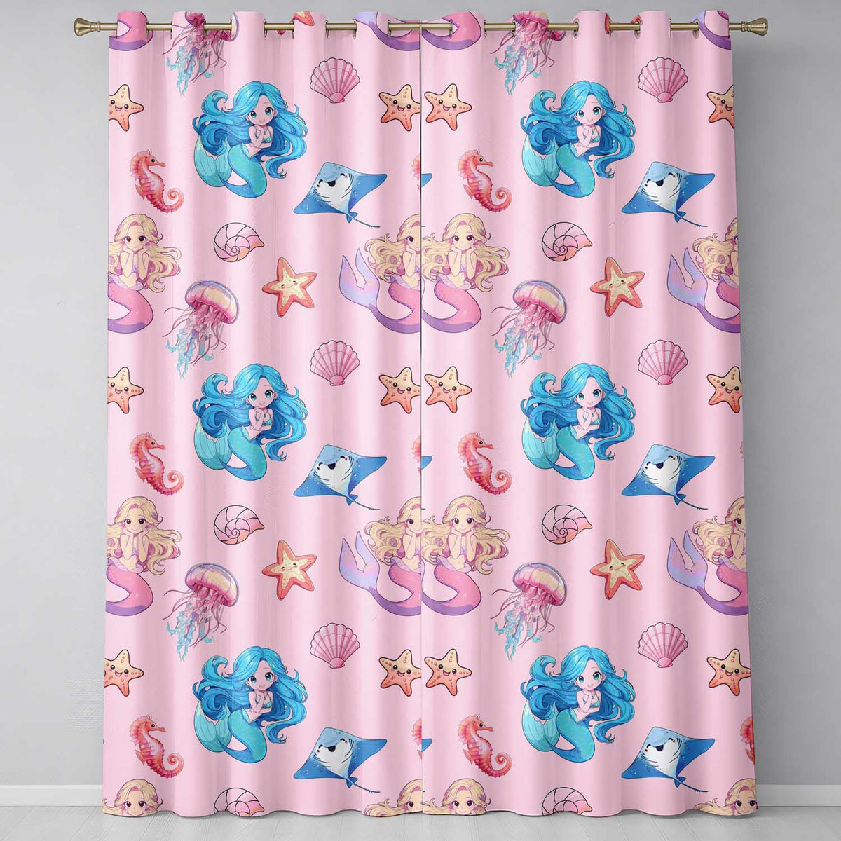Cute Blue Hair Mermaid Jellyfish Seahorse Soft Pink Background Seamless Pattern Readymade Eyelet Ring Top Thermal 100% Blackout Curtains